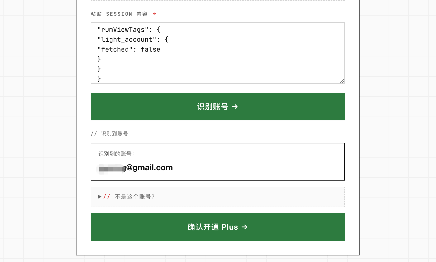 AI代充 粘贴 session 后识别并确认 ChatGPT 账号截图