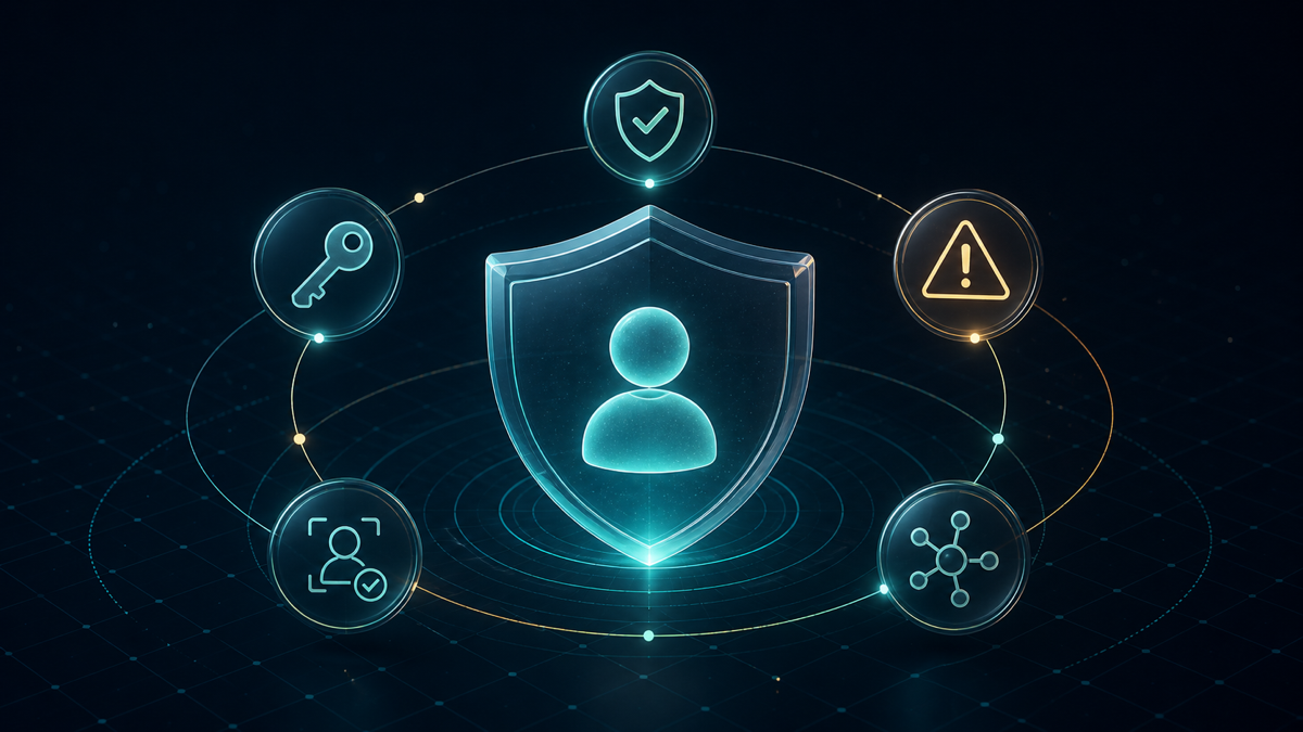 抽象插画：账户头像位于防护盾中，周围环绕凭据、验证、警告、合规与异常访问图标