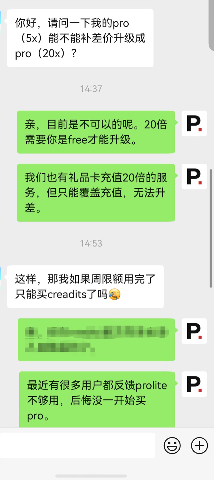 用户咨询 Pro 5× 能否补差价升级 20× 的真实聊天截图